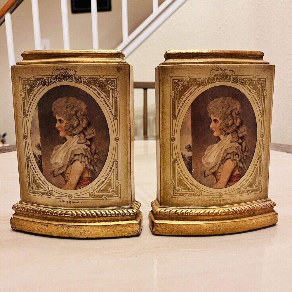 Pair of Vintage Italian Gilt Borghese Portrait Bookends “A Lady of Quality”